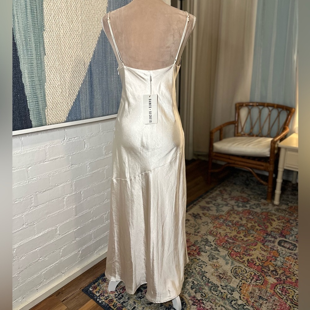 NWT Saints and Secrets Champagne Satin Finish Maxi Dress - Picture 8 of 10